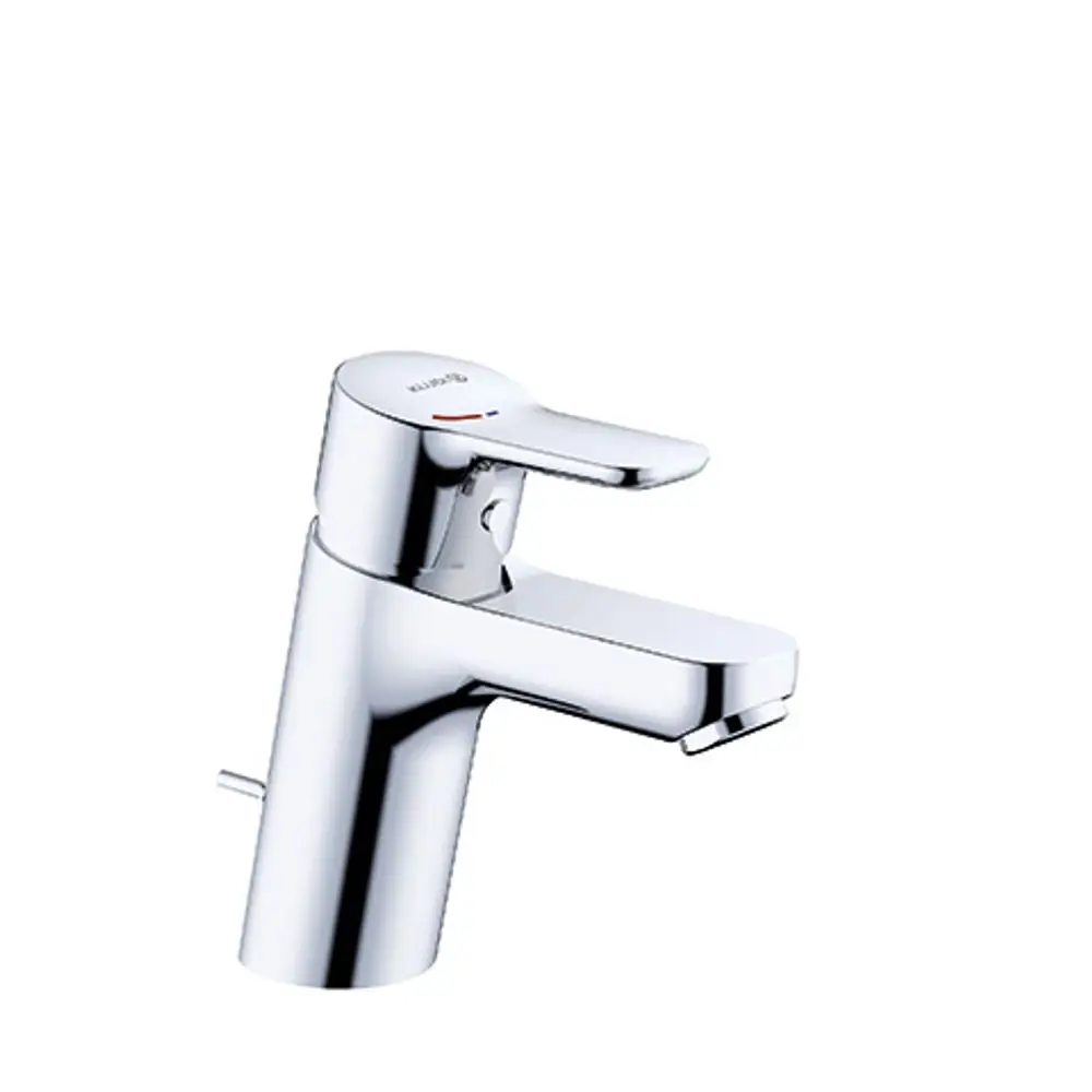 Chromfarbener Waschbeckenarmatur von Kludi mit einem Hebelgriff zur Regelung von Wasserfluss und Temperatur. Enthält einen Metallablauf.